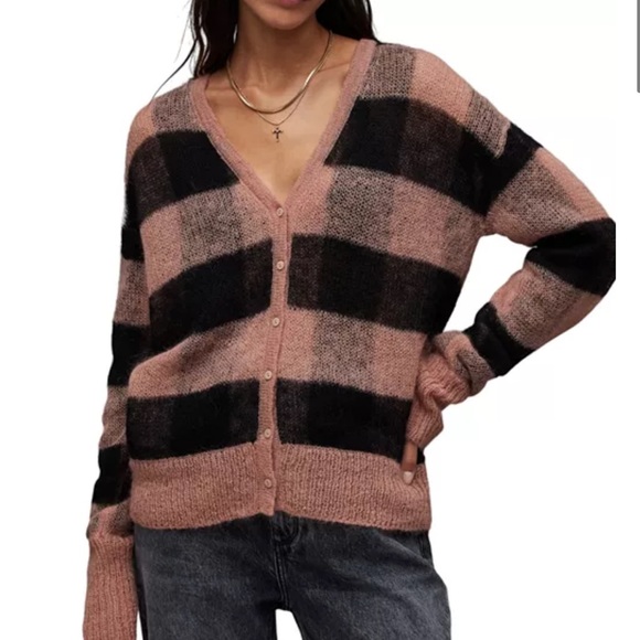 All Saints Sweaters - ALLSAINTS Renee V-neck Checked Wool Mohair-blend Cardigan Size Small